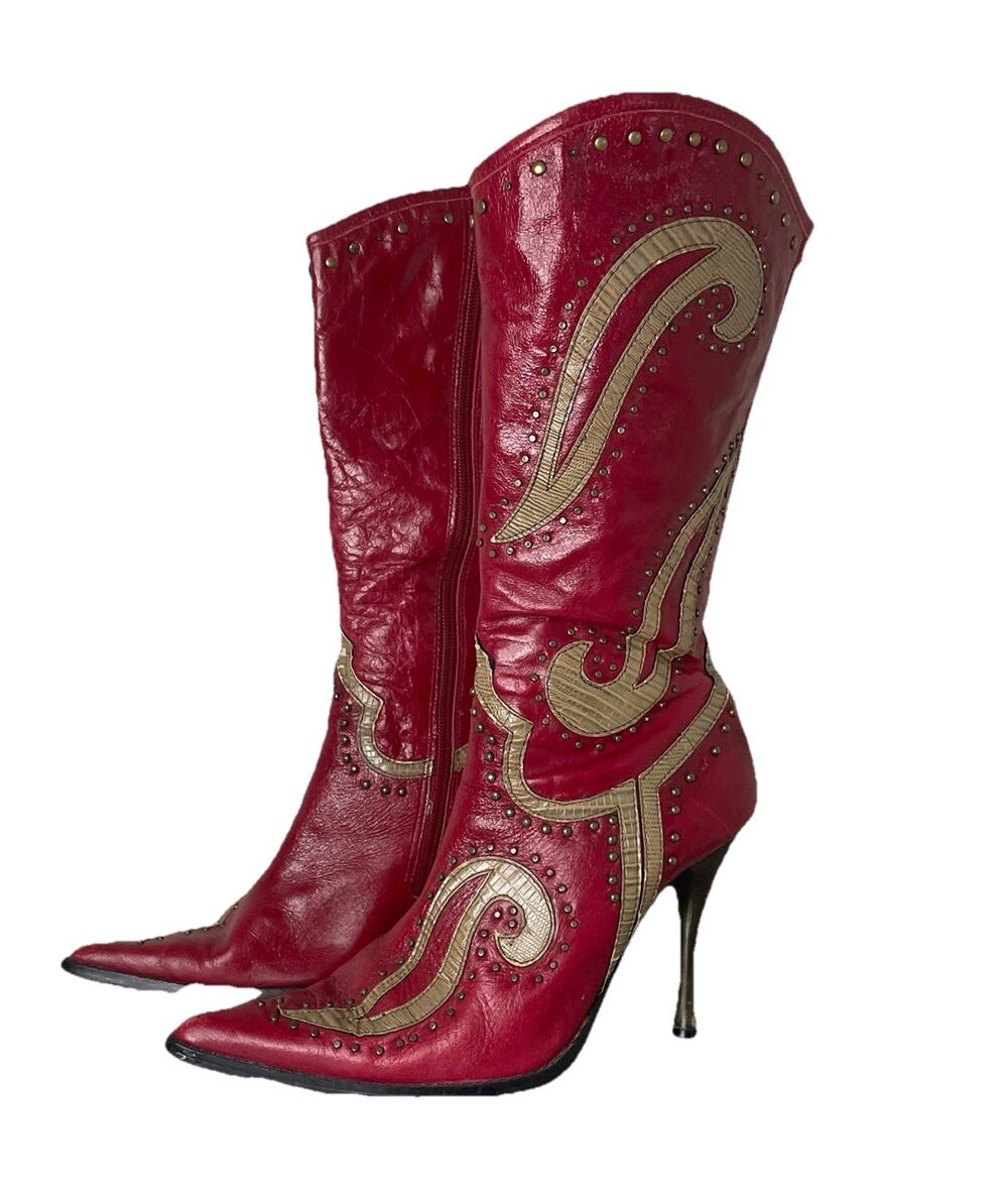 Dollhouse Red / Tan Leather Western Studded Stiletto Boots Dolly Parton 6.5 VTG